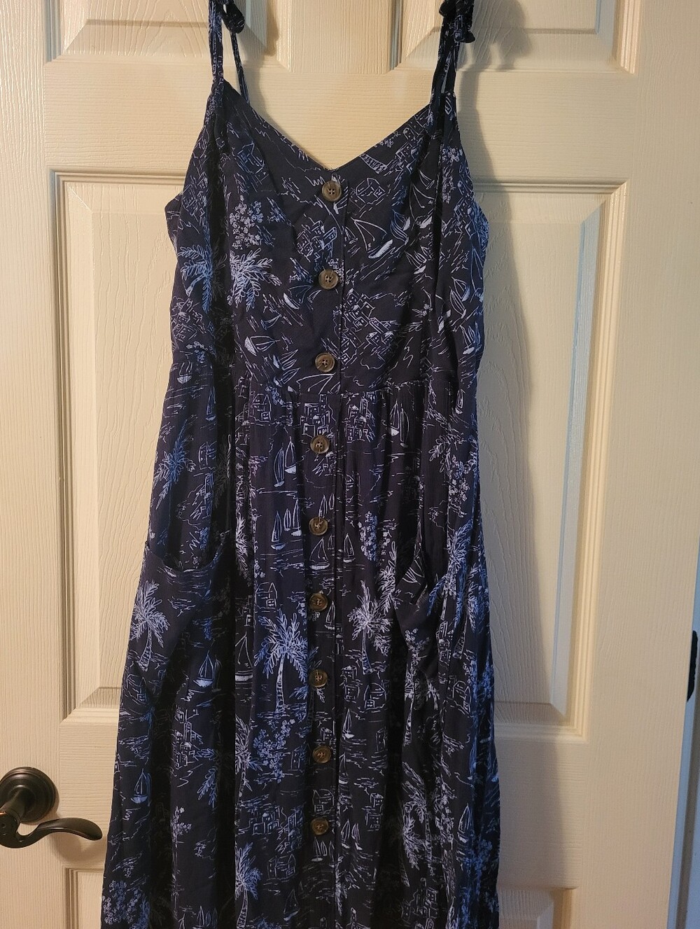 Lauren Conrad Navy Blue Tropical Print Sundress With Pockets And Button Accents